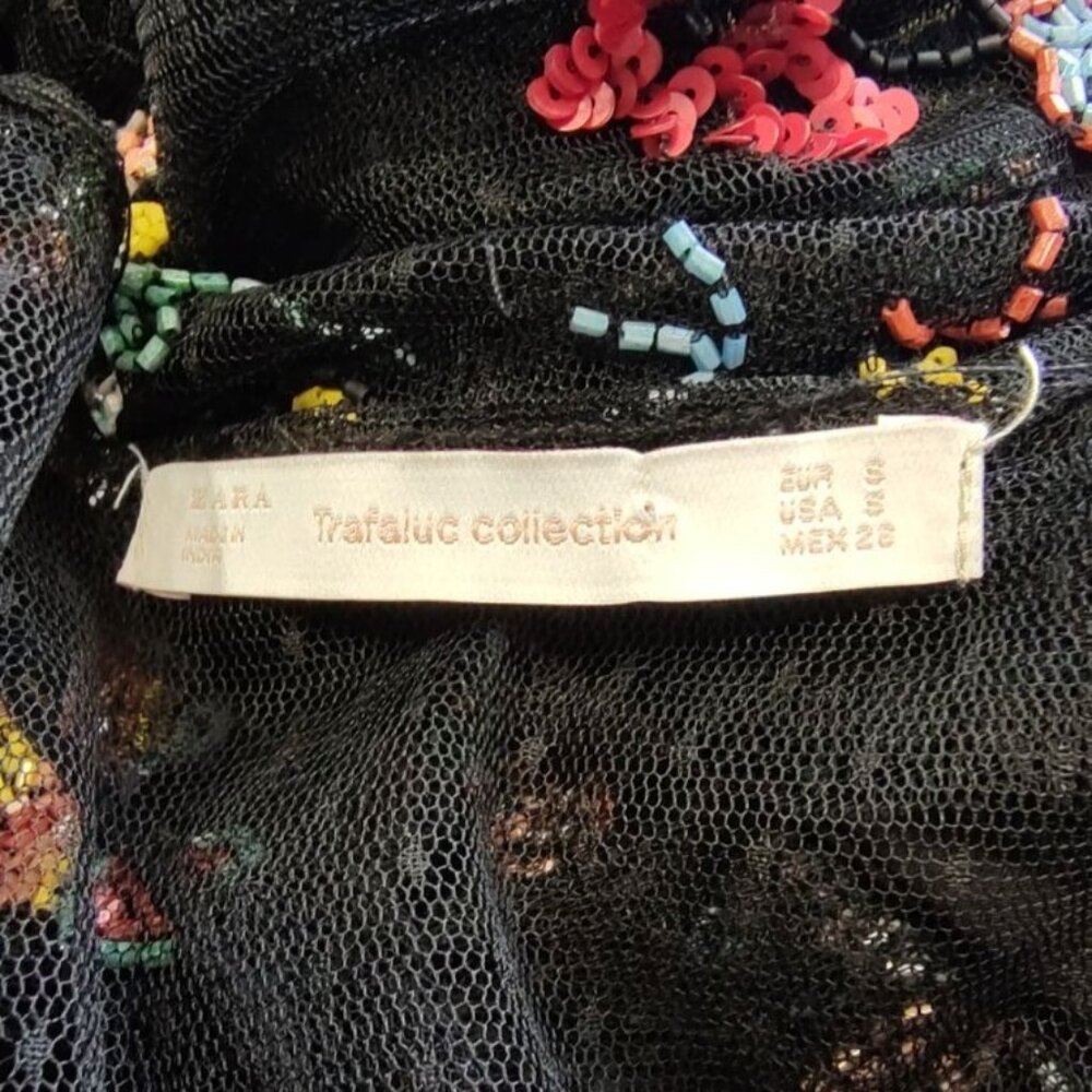 ZARA Floral Beaded Tulle Dress Sequin Mesh Sheer Midi Long Sleeve Plumeti - Picture 13 of 15